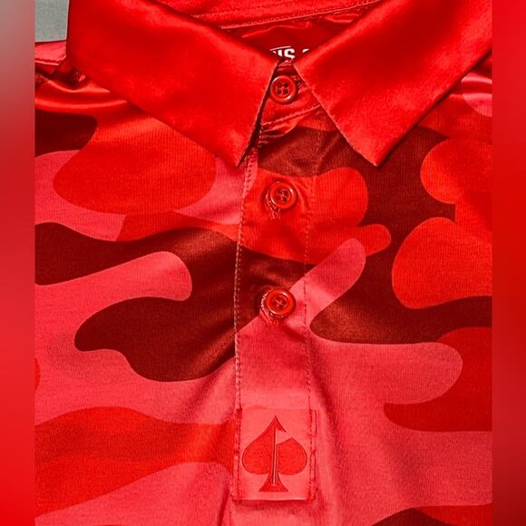 Pins and Aces Polo Shirt MEDIUM Men's Golf Short Sleeve Red Camo Print Stretch - Picture 3 of 4